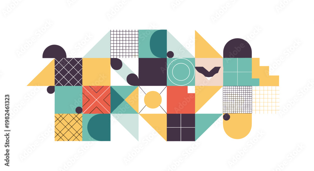 Obraz premium Dynamic geometric composition featuring teal, yellow, coral, and deep purple shapes with clean lines, circles, squares, triangles, and grid patterns, conveying modern abstract