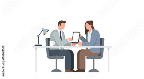 A man and a woman in professional attire are sitting at a desk and discussing something while looking at a tablet together in an office setting.