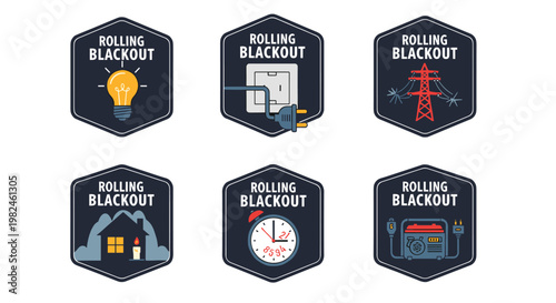 Collection of six hexagonal emblems depicting rolling blackout scenarios: a glowing lightbulb, an unplugged electrical outlet with a plug, a damaged power line tower, a house with