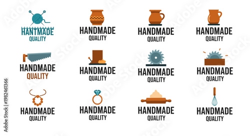 Collection of twelve distinct vector logos showcasing diverse handmade crafts and artisanal products, featuring clean lines, warm earth tones, and scalable design elements for