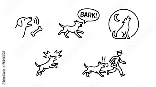 Black and white line art vector icon set of a barking dog howling at the moon jumping and chasing a postman for pet behavior and obedience training.