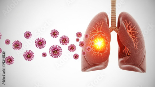 World Lung Day pathogens attacking human lungs, depicting the onset of respiratory disease and cellular inflammation within the pulmonary system, highlighting health risks