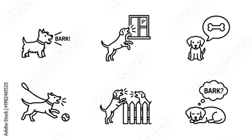 Line art vector icon set of dog behavior featuring a pet barking at a window playing on a leash fighting over a fence and sleeping isolated on white.