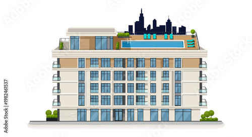 Modern residential building featuring a rooftop swimming pool, lounge chairs, and lush greenery overlooking a silhouetted cityscape, showcasing clean lines, geometric shapes, and