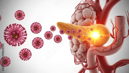 3D illustration of the pancreas affected by viral infection, highlighting inflammatory response and cellular damage