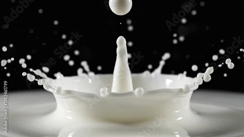 A splash of white liquid creates a beautiful crown shape with droplets on a dark background