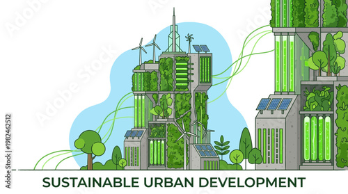 Illustrative concept of modern sustainable urban development featuring eco-friendly architecture, green buildings, solar panels, and wind turbines for a greener future