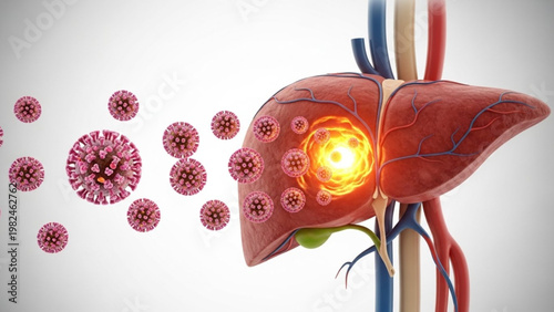 Medical illustration of a human liver under attack by viruses, highlighting a diseased area within the organ