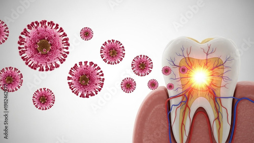 World Oral Health Day an infected tooth with glowing pain, surrounded by menacing viral particles, symbolizing dental disease and the fight against oral health threats
