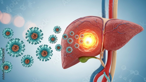 World Hepatitis Day a human liver affected by a viral disease, with glowing lesion spots and surrounding pathogens indicating infection and hepatic damage