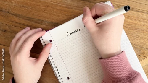 Female Caucasian hands writing “Summer Budget” on lined notebook paper, planning finances and organizing expenses. Close-up 4K writing process on wooden table.