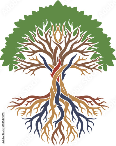 Stylized Tree of Life Illustration with Intricate Intertwined Roots and Branches.