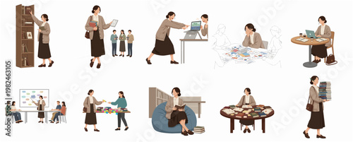Gentle Color Illustration of Woman in Various Activities in Library