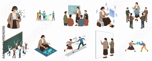 Isometric Flat Design Business Education and Technology Interaction Illustration Set