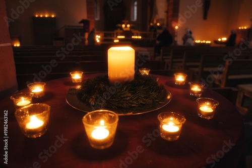 The dimly lit church was filled with atmospheric candlelight