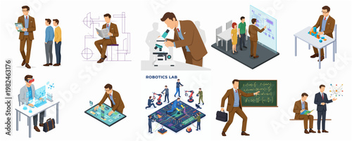 Isometric Professional Scientists in Various Activities and Poses Illustration Set