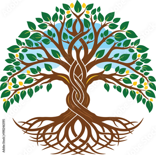 Stylized tree of life with intertwined trunk and roots illustration.