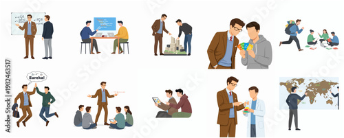 Simple Flat Illustration of Teacher with Student in Different Scene