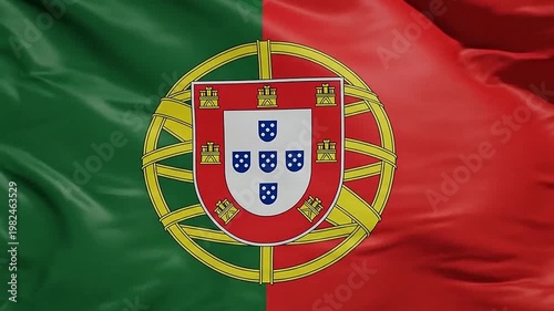 A waving flag with a detailed emblem, showing national colors and a golden design element