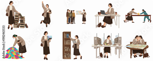 Flat Style Illustration Set of Woman in Various Office Life Activities