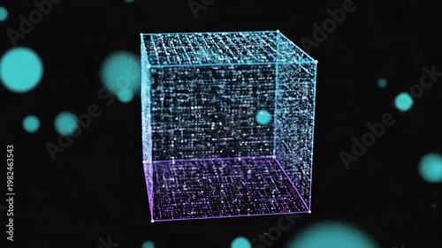 Abstract digital cube with glowing lines and dots floating in a dark space background