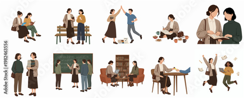 Flat Illustration Diverse Student Group in University Activities Lifestyle