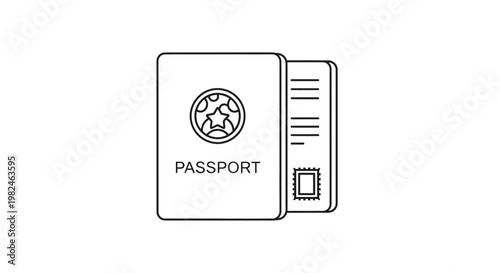 Line art of a passport with a stamp and travel symbol.