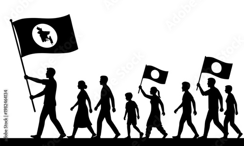 Silhouette of People Marching with 1971 Bangladesh Flags, Independence Movement Concept Vector