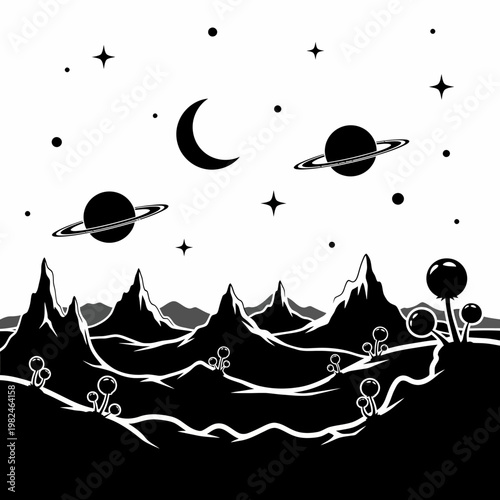 An illustration of an alien landscape with planets, moon, and stars in the night sky