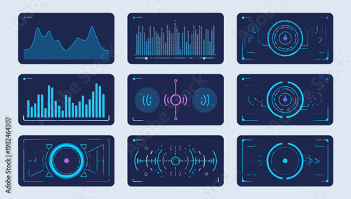 Sound waves equalizer collection in futuristic colors. Frequency audio waveform, music wave, circle bar, voice graph signal in HUD style. Set Audio waves. Microphone voice and sound recognition