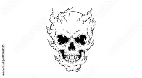 A scary human skull with a dead jaw and white bone teeth is a horror anatomy symbol and pirate tattoo vector art isolated on black and white design