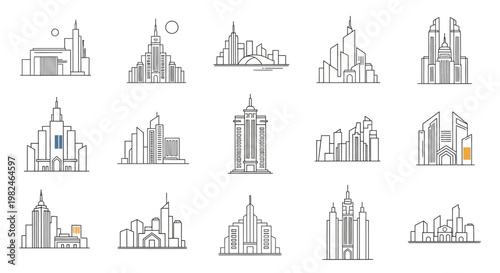 European landmark architecture set featuring a vector illustration of an old city church with a tower silhouette and religious temple design elements in a sketch style