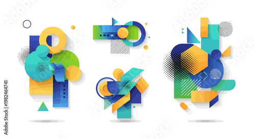 An abstract vector illustration of colorful musical notes and shapes forming a vibrant social media network concept with cloud technology icons for web communication