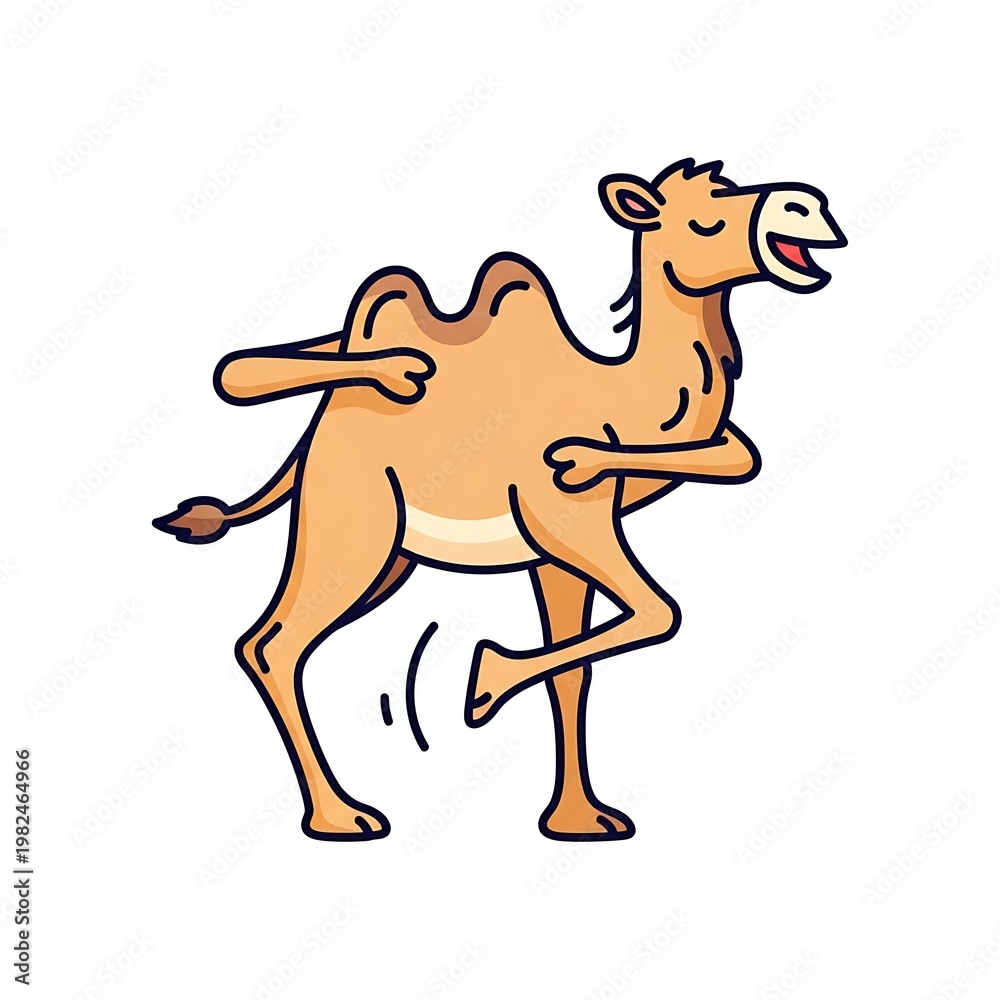 Fototapeta premium Cartoon illustration depicts a smiling camel mid-stride against a stark white backdrop. This friendly desert mammal seems to be happily walking