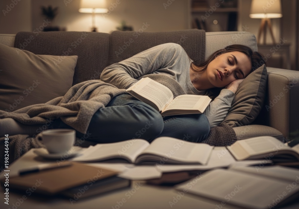 Obraz premium Woman sleeping on sofa with book on lap. Student napping while studying at home. Exhausted girl taking a break from learning.