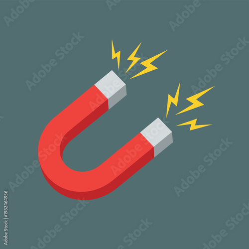 Powerful red horseshoe magnet attracting attention with its magnetic field