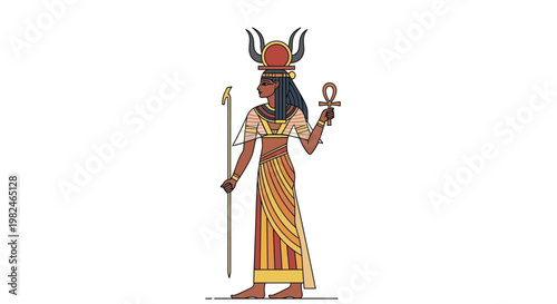 Ancient Egyptian pharaoh with ankh symbol and staff illustration
