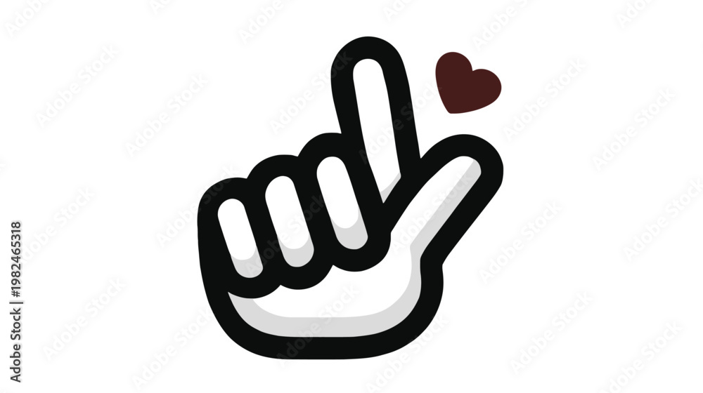 Obraz premium Cute cartoon hand showing finger heart gesture with a small brown heart, a popular love and appreciation symbol on a white background.