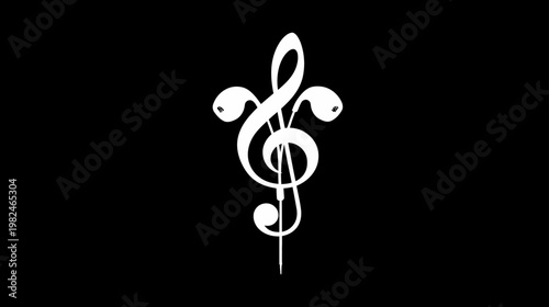 Creative music treble clef symbol with integrated earbuds on a black background, representing modern audio and sound.