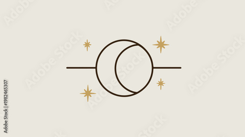 Elegant minimalist celestial moon and star line art illustration. Cosmic bohemian magic icon for spiritual design.