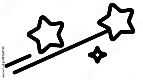 Magic wand icon with sparkling stars, black outline illustration, symbol of dreams, fantasy, wishes, and enchantment.