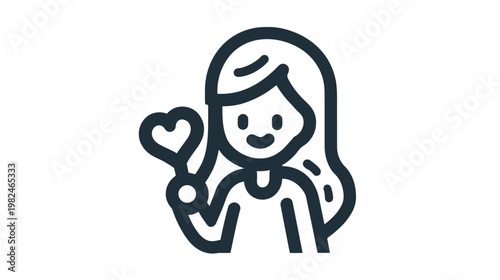 Outline icon of a happy woman holding a small heart, symbolizing love, care, support, and kindness.