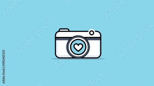 Cute vector camera illustration with heart lens icon on a blue background, symbolizing love for photography, sharing moments, and social media.