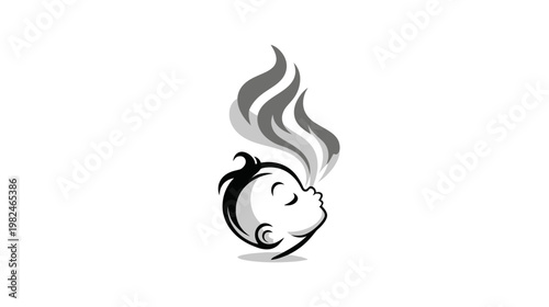 Stylized baby head smelling fresh aroma, steam, or breath. Simple monochrome graphic icon expressing scent or relief.