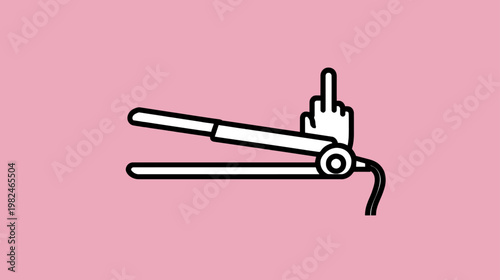 Minimalist line art illustration of a hair straightener with a defiant middle finger gesture, symbolizing sassy beauty attitude on pink.