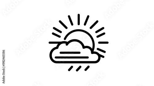 Weather icon with sun behind cloud and rain. Outline symbol for forecast, climate, meteorology, and daily conditions.