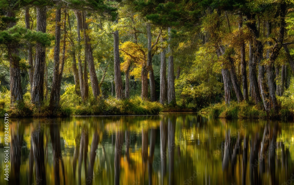 Fototapeta premium Serene Lake Surrounded by Lush Trees with Stunning Water Reflections