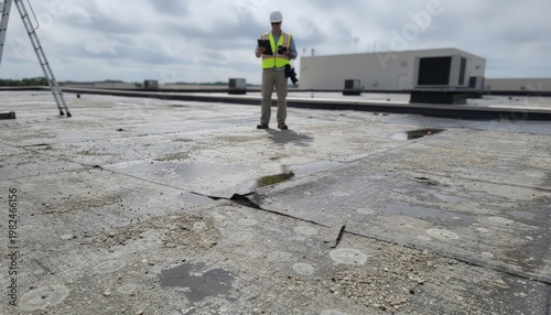 Medium shot showing an adjuster assessing hail damage on a flat commercial roof concentrated on deteriorated membrane surface ladder and building blurred in background.