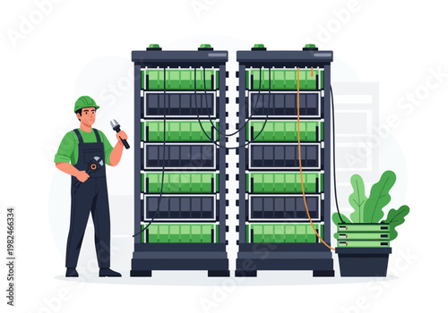 Data center technician inspecting server racks with a toolbox and cable management