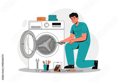Appliance repairman fixing a washing machine with tools laid out on the floor, illustration